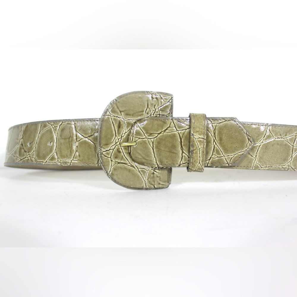 80’s Grey Green Croc Embossed Patent Leather Wide Belt with Self Buckle Vintage